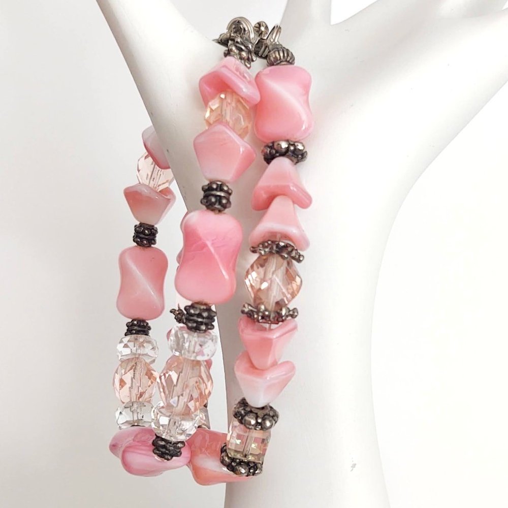 Pink and white glass and crystal bracelets